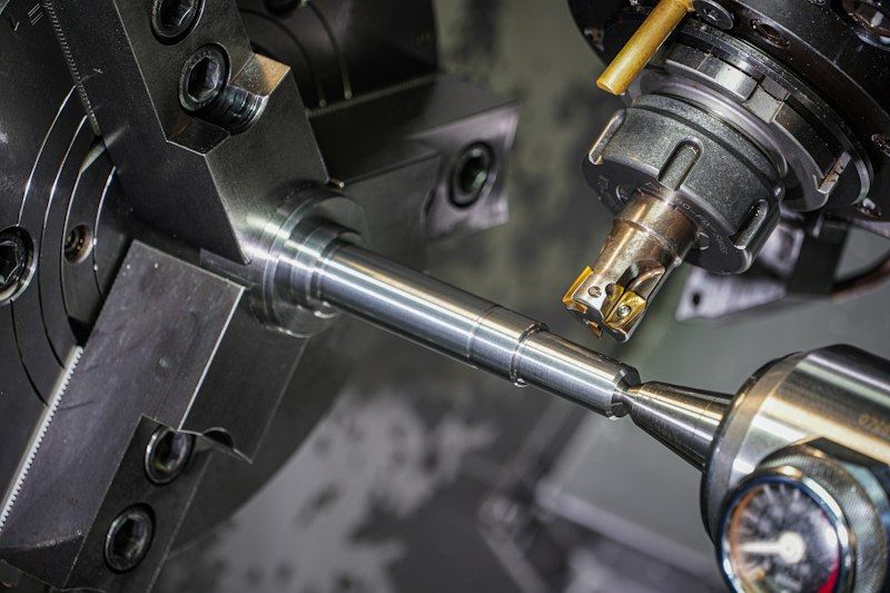 Metal bar being turned by a cutting tool in a lathe